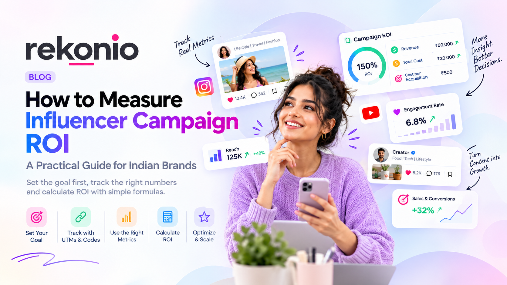 Dashboard showing influencer campaign ROI, reach, engagement rate and sales, with the headline "How to Measure Influencer Campaign ROI"